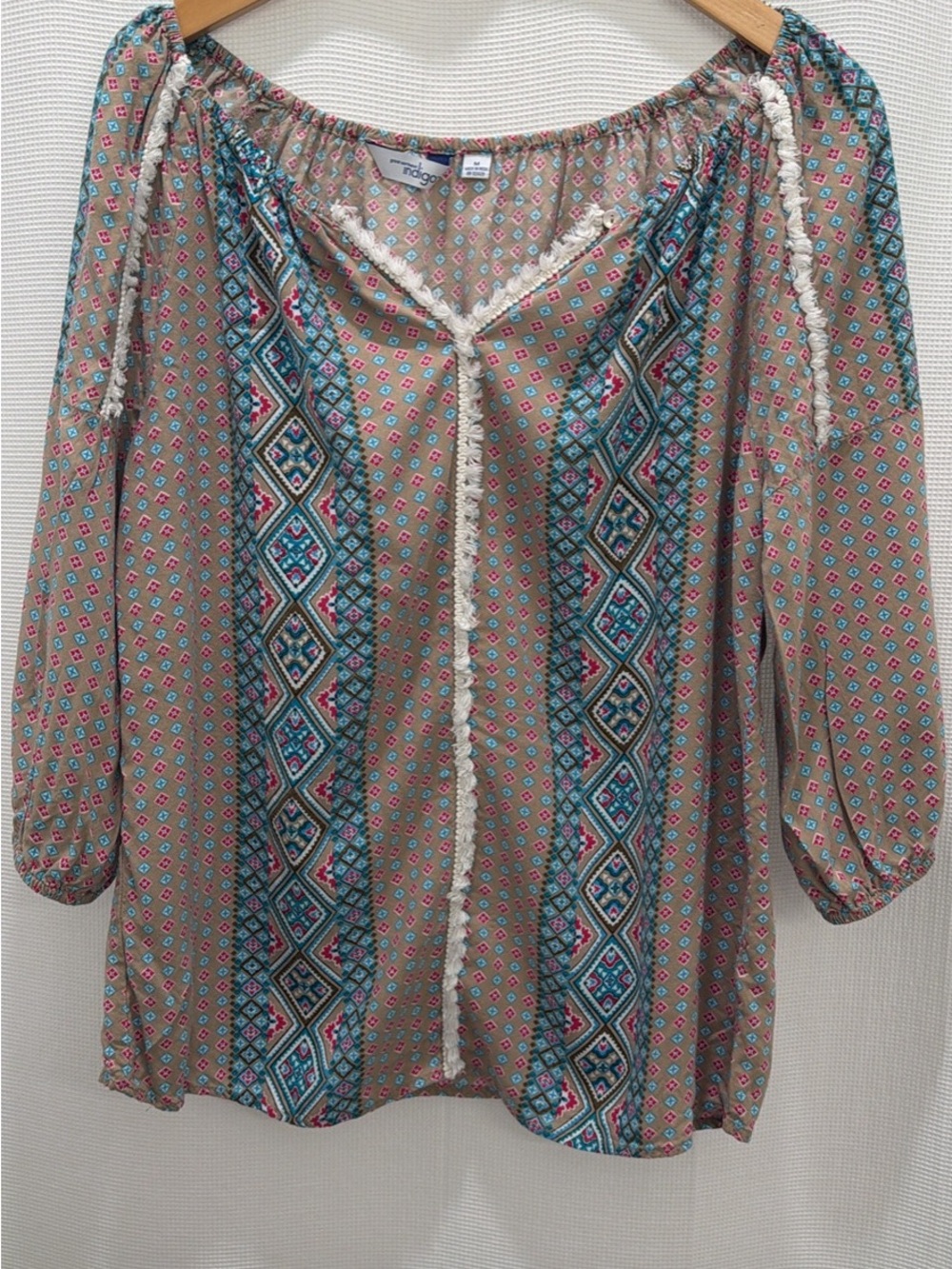 Great Northwest Indigo Women’s Blouse with Geometric Fringe Aqua Tunic!
